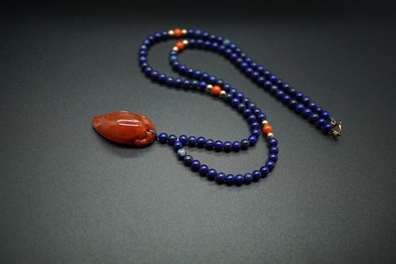 Red South Agate Charm, Carved RUYI Charm, Red Agate Pendant, Lapis Lazuli Bead Necklace