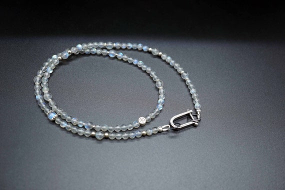 Labradorite Bead Necklace, Blue Flash Labradorite, Silver Bead Necklace, Pendant Link Necklace, 20''