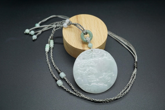 Genuine Jade Pendant, Carved Round Pendant, Mountain View Jade Pendant, Jade Amulet, Adjustable Long Necklace