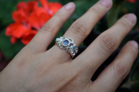 Sterling Silver Filigree Multi-Stone Ring, Sapphire Opal Ring, Band Ring, Silver Hollow Ring US 7