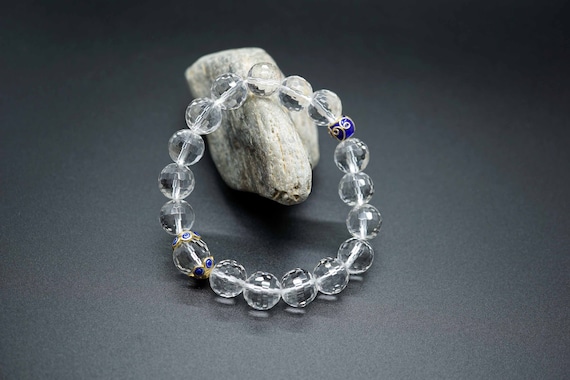 Natural Faceted Clear Quartz, Genuine Crystal Bracelet, Elastic Bracelet for Men Women,  10.3mm