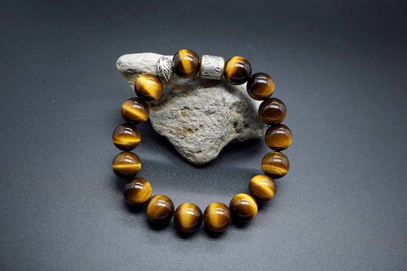 Tigers Eye Beaded Bracelet, Silver Charm Bracelet, Mens Stretch Bracelet, 12mm