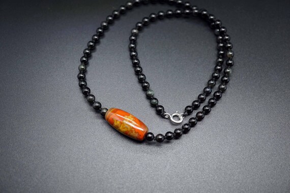 Multicolor Agate Choker, Oval Nanhong Charm, Knotted Bead Necklace, Obsidian Bead Choker
