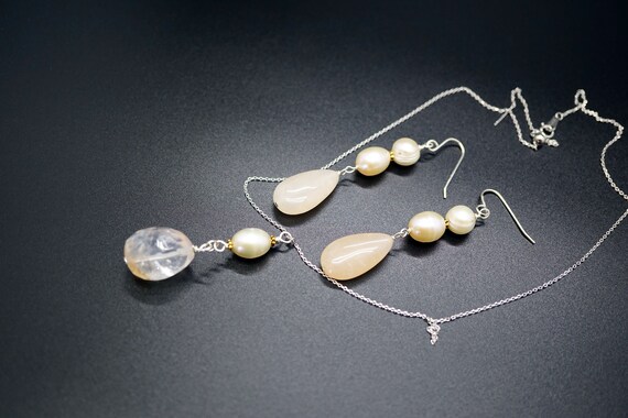 Quartz Jewelry Set, Necklace and Earring Set, Pearl Quartz  Necklace, Handmade Jewelry Set