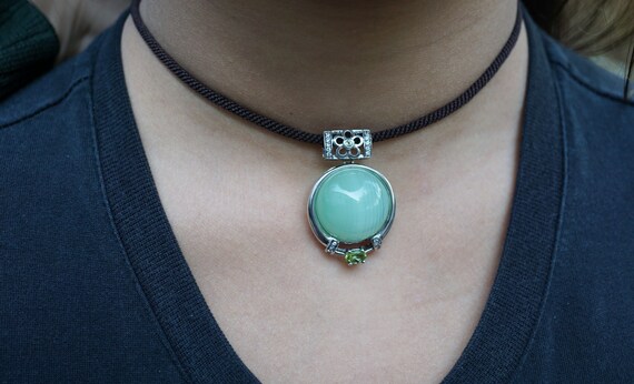Green Round Chalcedony Charm, Silver Statemant Pendant, Green Pendant for Woman