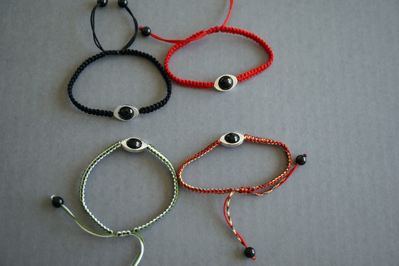 Black Tourmaline Evil Eye, Knotted Adjustable Bracelet, Red Tibetan String Bracelet, Silver Evil Eye Charm
