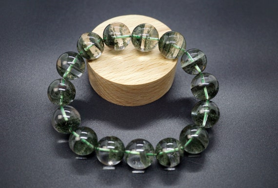Green Ghost Phantom Quartz, Natural Phantom Bracelet, Green Beaded Bracelet, 15.5MM