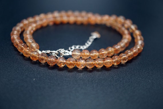Natural Plain Smooth Round Sunstone Beaded Necklace 5.5MM Orange Flash Rare Quality gift for Her