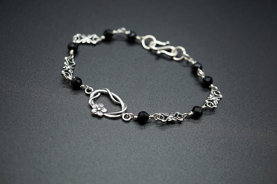 Sterling Silver Link Bracelet, Handmade Black Tourmaline Link Bracelet, Silver Flora Charm Bracelet
