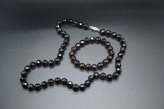 Faceted Smoky Quartz Necklace Bracelet Set: 10mm Dark Brown Beads