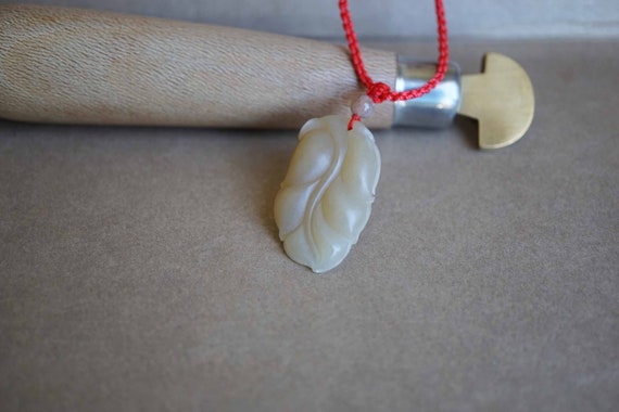 Genuine Honey Jade Pendant, Jade Leaf Charm, Red Cord Jade Necklace, 22 inch