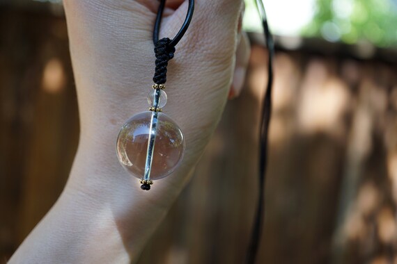 Genuine Clear Quartz Bead Pendant, Round Bead Pendant Necklace, Black Leather Necklace,22mm