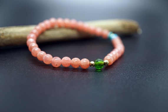 Rhodochrosite Bead Bracelet, Turquoise Charm Bracelet, Diopside Charm Bracelet, 5.2mm