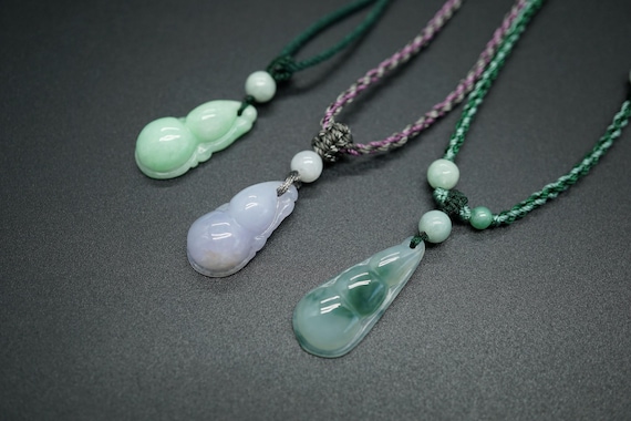 Green Jadeite Pendant, Lavender Jade Charm, Braided Cord Necklace, Good Luck Charm