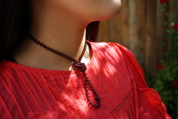 Garnet Bead Knotted Necklace, Almandine Garnet Long Necklace, Healing Crystal Necklace 25''