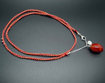 Natural Nanhong Pendant, Braided Cord Long Necklace, Handmade Layering Necklace