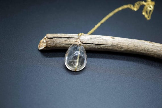 Teardrop Rutilated Quartz Pendant, Gold Rutilated Quartz Charm,Natural Quartz Charm Necklace