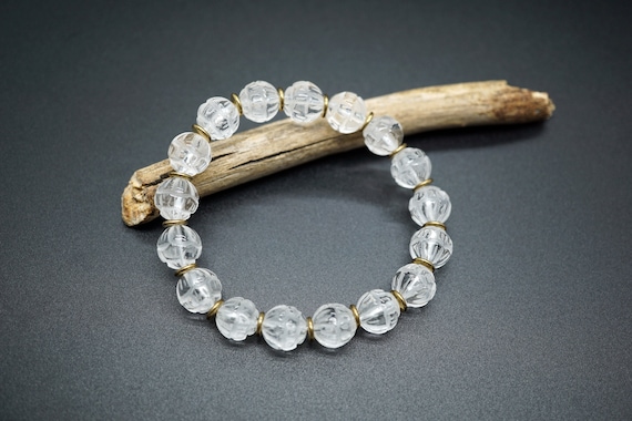 Natural Clear Quartz Bracelet, Carved Lotus Quartz, Quartz Crystal Bracelet, 10mm
