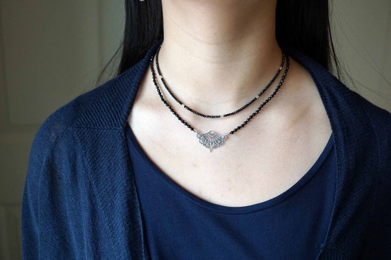 Faceted Black Tourmaline Necklace, Sterling Silver Half Mandala Charm, Black Layering Necklace