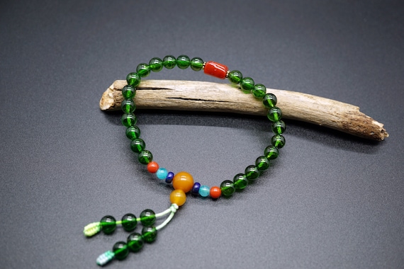 Natural Green Diopside, Red Coral Charm Bracelet, Chrome Diopside Bracelet
