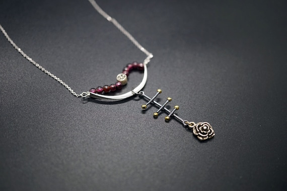 Garnet in Silver Crescent and Black Finish Bar Charm Necklace Adjustable-length Gfit for Her 19''