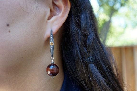 Red Tiger Eye Earrings, Dangle Earrings, Sterling Silver Spike Earrings, Bronze Dot Dangle Earrings