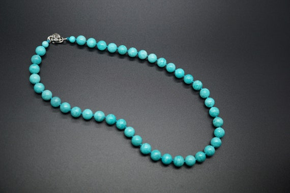 Natural Amazonite Beaded Necklace, Knotted Beaded Necklace, 9.8mm Blue Bead Necklace