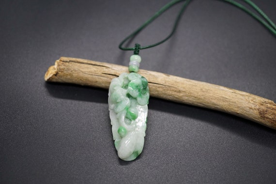 Natural Jadeite Carved Bat and Ruyi on Leave Pendant With Adjustable Green Cord Necklace Luck Gift For Her For Him