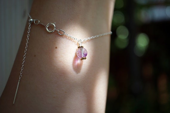 Adjustable Sterling Silver Chain Bracelet, Purple Rutilated Quartz Charm Bracelet