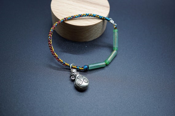 Braided Cord Bracelet, Green Aventurine Bracelet, Silver Moneybag Charm, Gold Rope Bracelet 7''