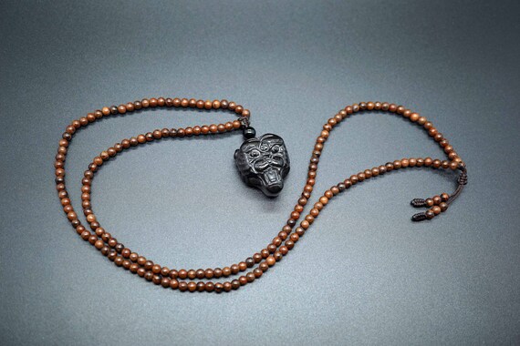 Natural Obsidian Pendant, Tiger Head Pendant, Mahogany Obsidian Long Necklace, Obsidian Tiger Head