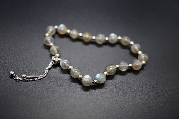 Sterling Silver Chain Bracelet, Labradorite Bead Bracelet, Blue Flash Labradorite, Adjustable Bracelet