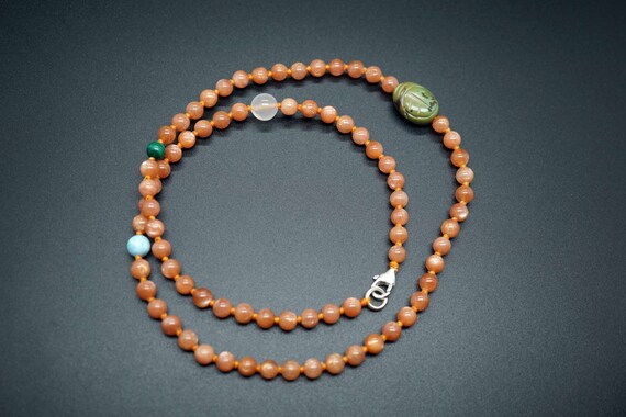 Orange Sunstone Necklace, Natural Sunstone Beaded Necklace, Knotted Beaded Necklace