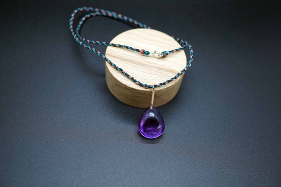 Natural Amethyst Pendant, Multicolor Silk Cord Necklace, Teardrop Amethyst Charm