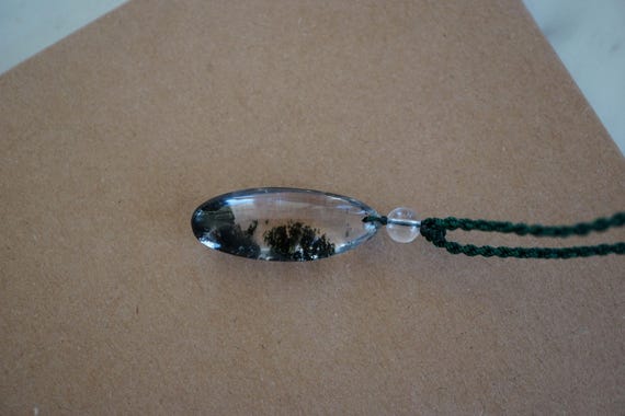 Natural Green Ghost Phantom Pendant, Teardrop Crystal Pendant, Silk Cord Necklace, Dark Green Cord Necklace