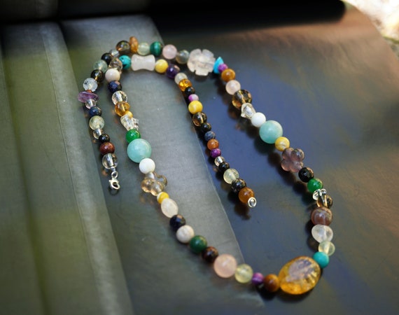 Various Bead Necklace, Crystal Quartz Necklace, Handmade Colourful Necklace, 19''