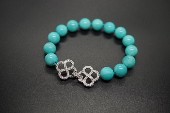 Genuine Amazonite, Blue Amazonite Bracelet, Silver Buckle Bracelet, Knotted Blue Bracelet, 10mm