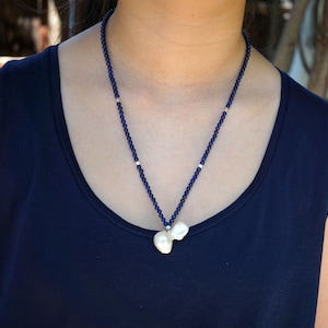 Lapis Lazuli Beaded Necklace, Free Shape Pearl Pendant, Long Beaded Necklace, 22 inch