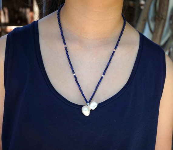 Lapis Lazuli Beaded Necklace, Free Shape Pearl Pendant, Long Beaded Necklace, 22 inch