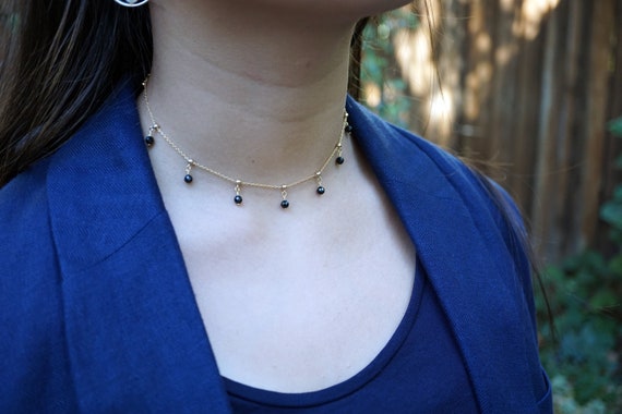 Black Tourmaline Charm Necklace, Gold Filled Adjustable Chain Necklace, Black Tourmaline Choker