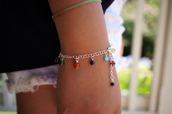 Sterling Silver Chain Bracelet With Genuine Multicolor Charms 7'' Adjustable Length, Amethyst Amazonite Malachite Citrine
