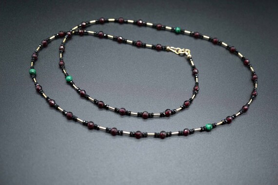 Garnet Long Necklace, Black Tourmaline Necklace, Malachite Layering Necklace 26.5 inch