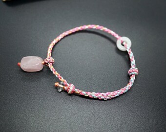 Rose Quartz Nuggest Bracelet, Braid Pink Cord Bracelet, Silk Colored Cord Bracelet Adjustable
