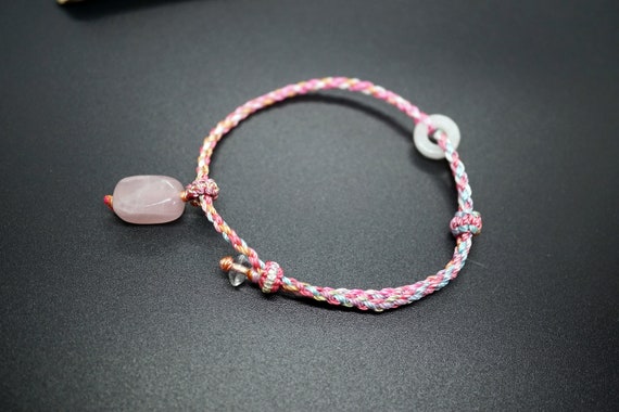 Rose Quartz Nuggest Bracelet, Braid Pink Cord Bracelet, Silk Colored Cord Bracelet Adjustable