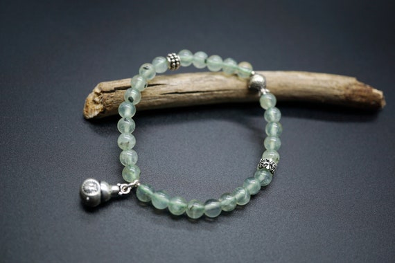 Natural Prehnite Beaded Bracelet With Silver Charm 6MM Elastic Bracelet Green Silver Gourd