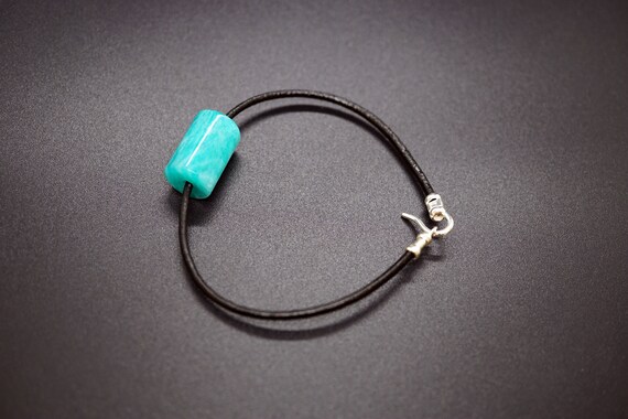 Amazonite Barrel Charm, Blue Charm Bracelet, Black Leather Bracelet, Handmade Bracelet