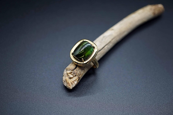 Green Cabochon Tourmaline Ring, Yellow Gold Engagement Ring, Statement Tourmaline Ring 9ct