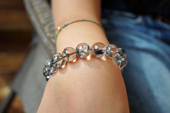 Natural Round Black Minerals Quartz Beaded Bracelet Quartz 12.5MM for Her For Him Healing