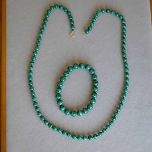 Natural Malachite Jewelry Set, Malachite Beaded Bracelet, Green Malachite Necklace, Knotted Beaded Necklace