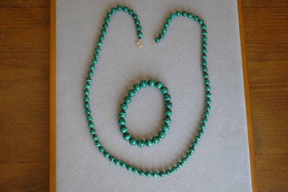 Natural Malachite Jewelry Set, Malachite Beaded Bracelet, Green Malachite Necklace, Knotted Beaded Necklace